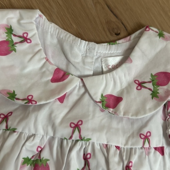 GIRLS BUBBLE - PINK STRAWBERRY JAM PRINT - GINGHAM SIDE BOWS 9m NWT - Picture 3 of 4